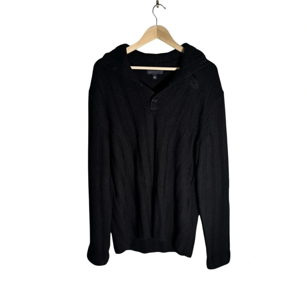 Banana Republic Men's Henley Sweater Merino Wool Ribbed Cowl Neck Black Size XL